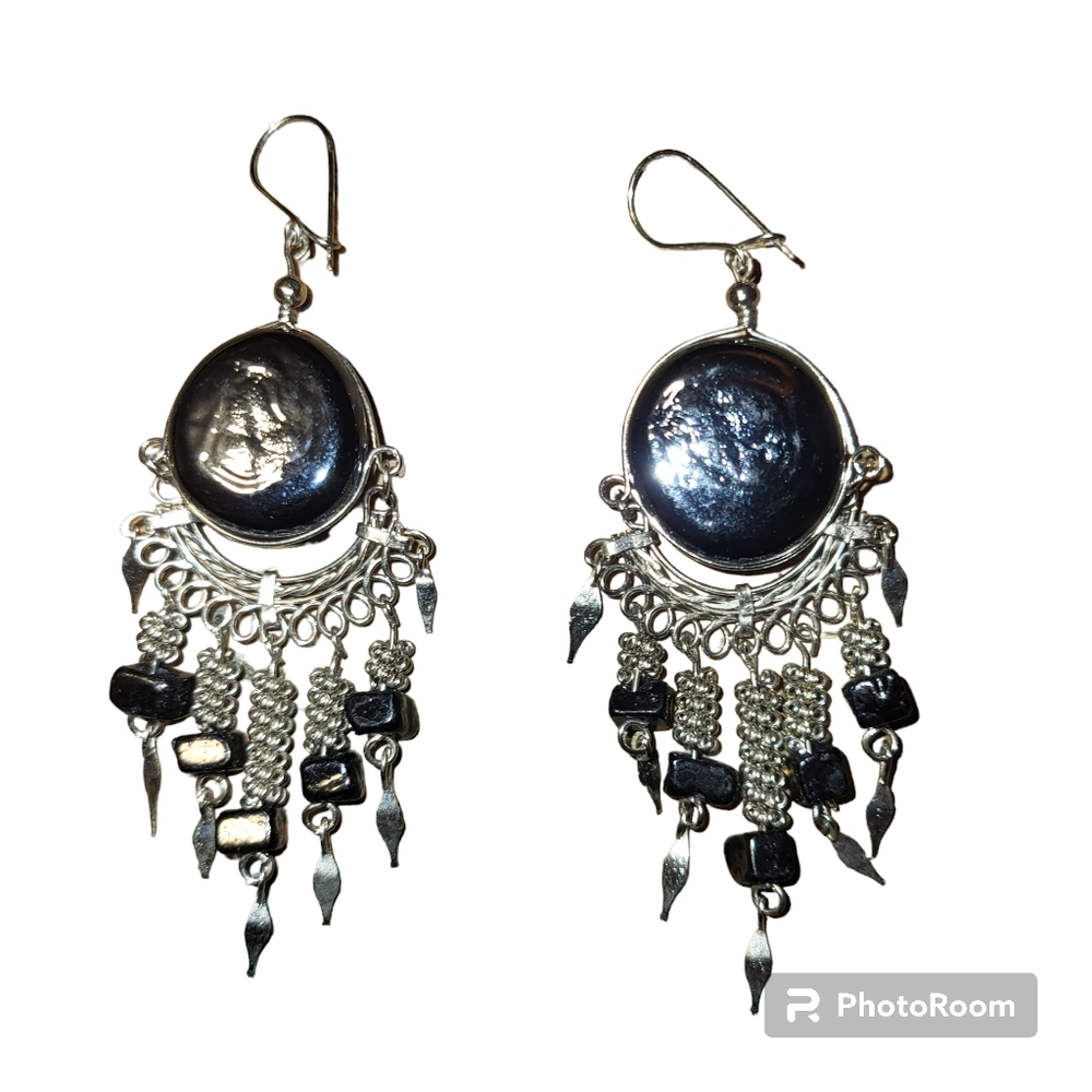 Peruvian Alpaca silver with black stone Chandelier dangle earrings - Picture 2 of 3